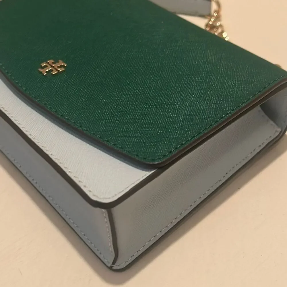 Tory Burch Emerson Colorblock Mini Shoulder Bag Green Light Blue Coastal NWT